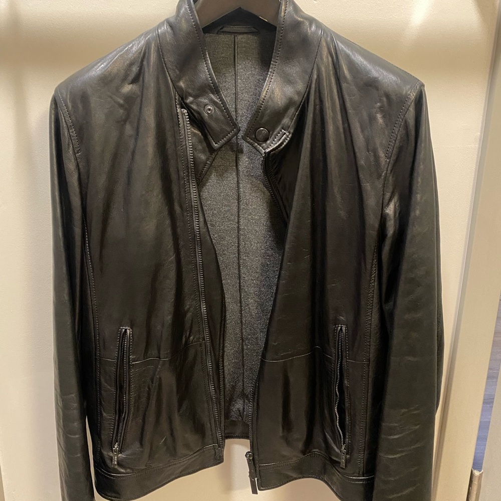 Armani Collezioni Men’s Black Leather Jacket - Classic Zip Front